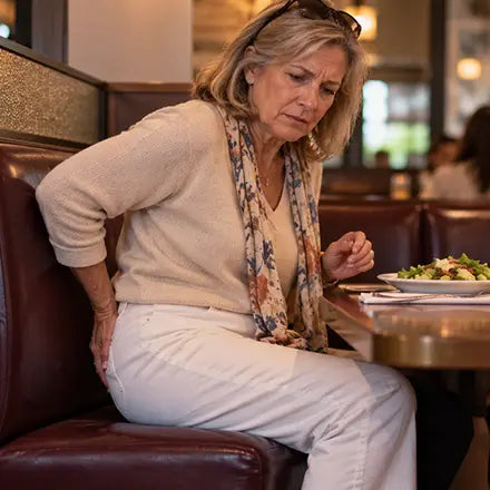 A woman perched on the edge of a restaurant booth
