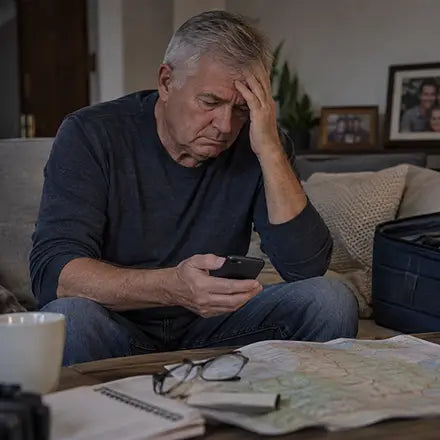 A man with a map and a packed bag canceling a trip on his phone