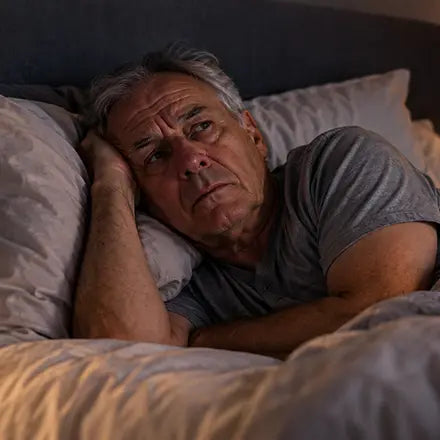 A man lying awake in bed at night