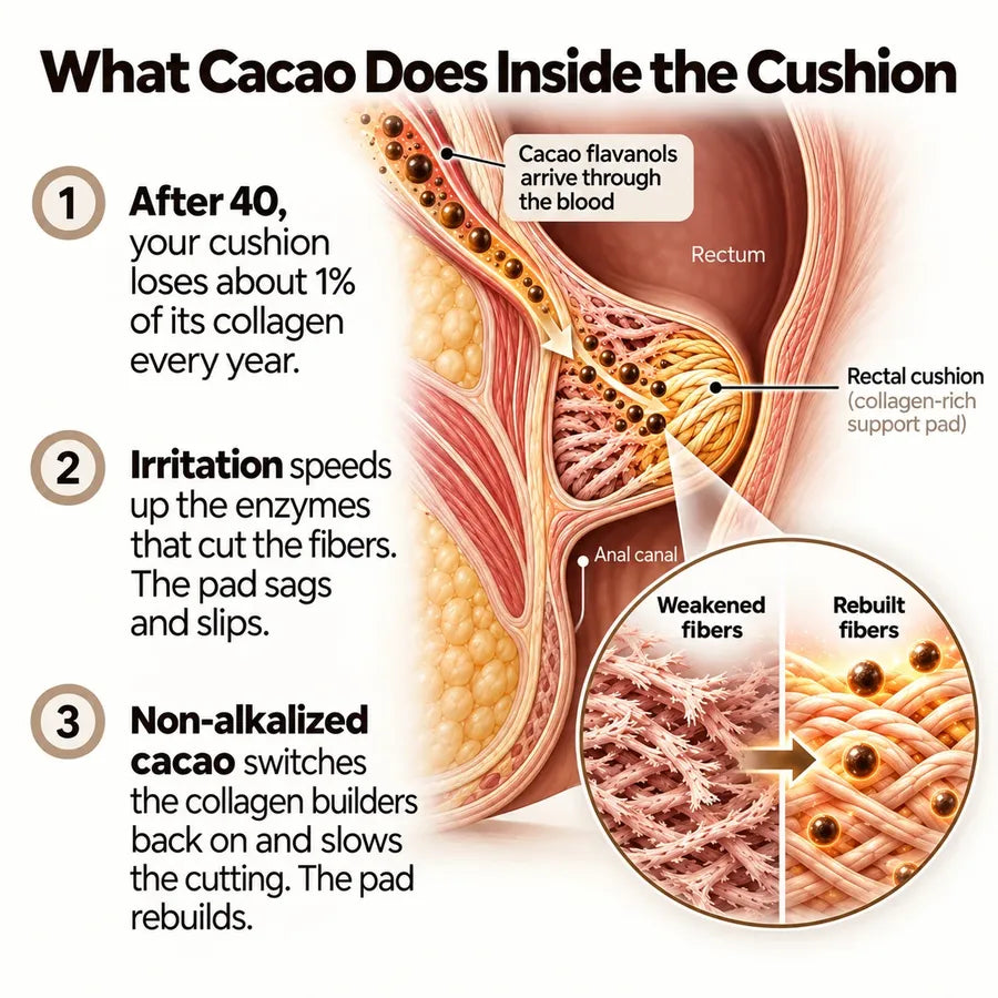 What cacao does inside the cushion: cacao flavanols arrive through the blood and rebuild weakened collagen fibers