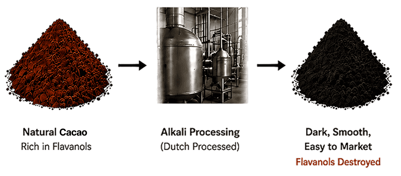 Natural cacao, alkali processing, flavanols destroyed