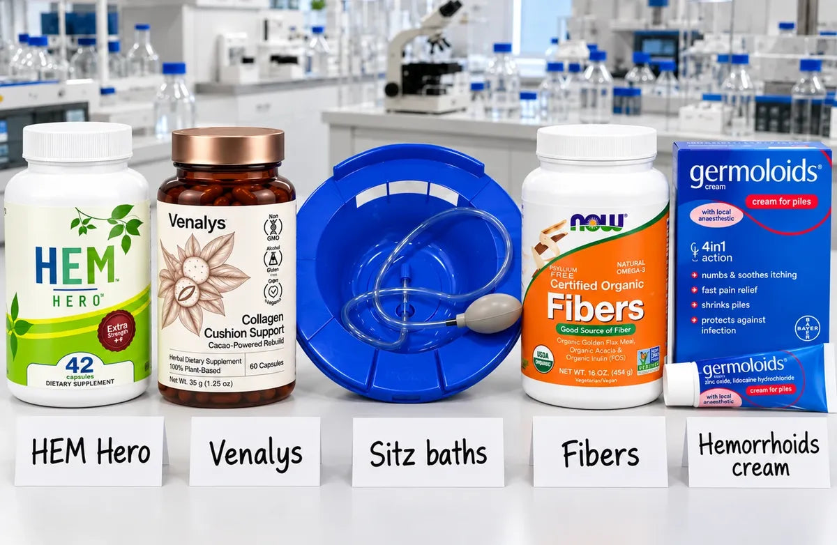 Hem Hero, Venalys, a sitz bath, a fiber supplement and a hemorrhoid cream lined up side by side with handwritten labels