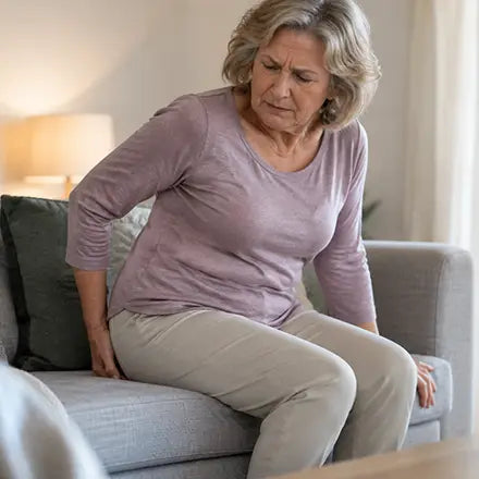 A woman lowering herself carefully onto the edge of a sofa